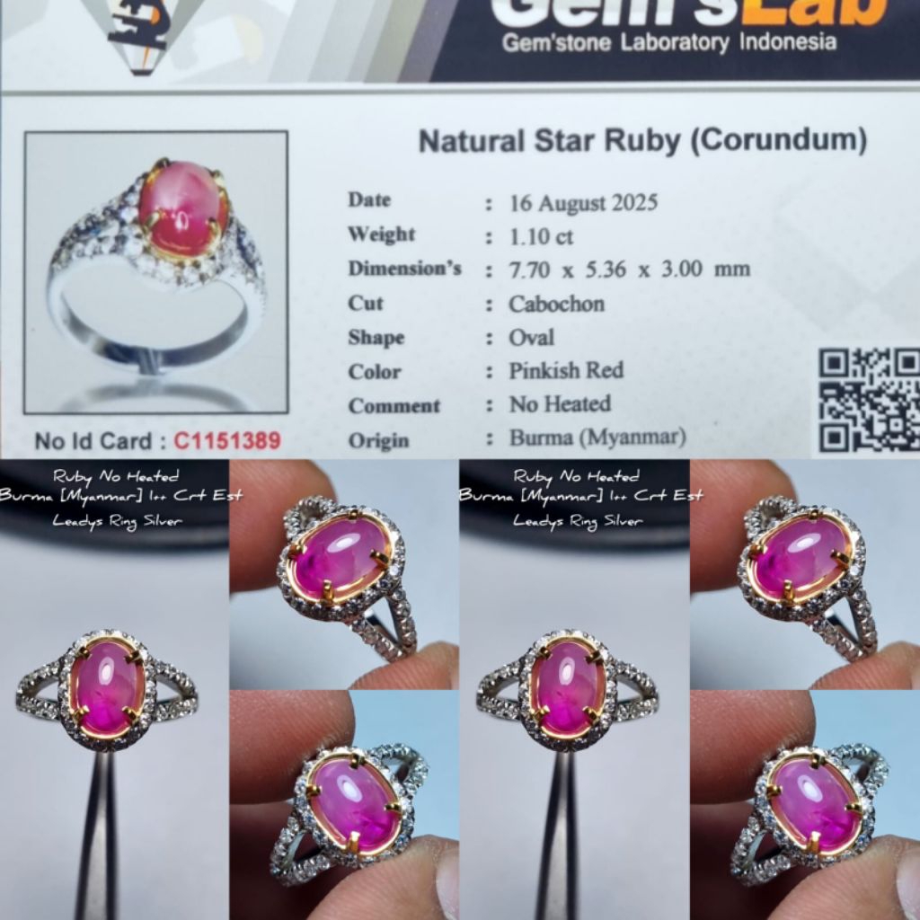 Cincin Cewek Batu Ruby Burma Natural Permata Ladies Ring Perak