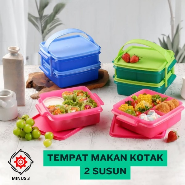 Tempat Bekal 2 Susun / Kotak Makan Rantang Plastik / Lunch Box Set 2 Tingkat dengan Handle