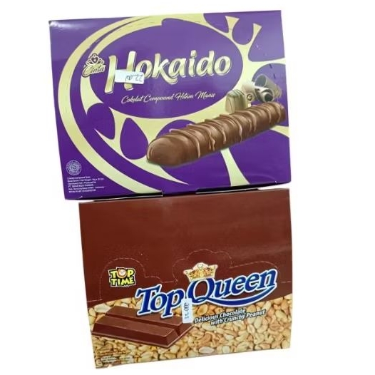 Hokaido coklat coumpound hitam manis 15gr × 24 pcs&Top time top queen delicious chocolate with cruch