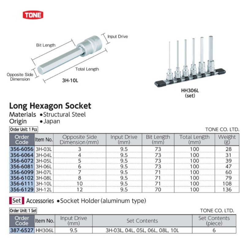 Long Hexagon Socket Sq.Dr 3/8 Inch Size 6 mm TONE 3H-06L