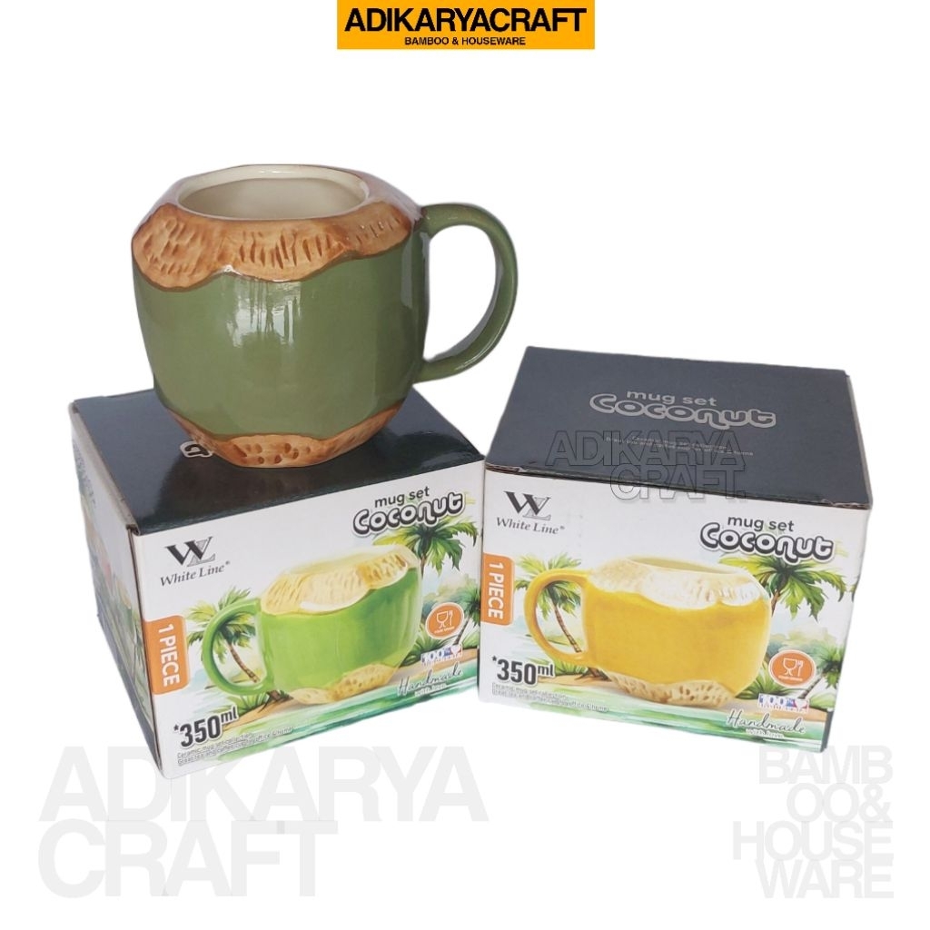 ADIKARYACRAFT - MUG KERAMIK COCONUT KELAPA 350ml WHITE LINE 13x10x9cm