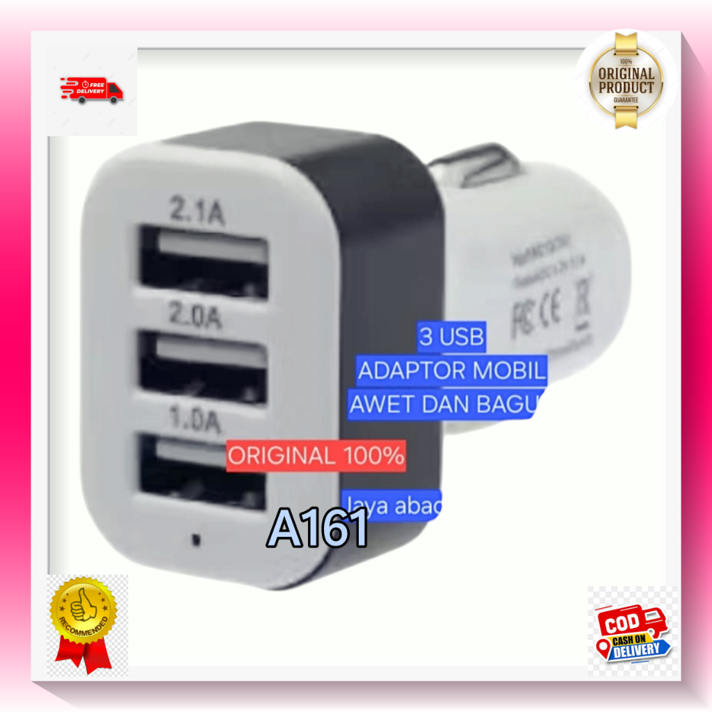 A161 KEPALA CHARGER MOBIL 3 USB PORT USB CAR CHARGER CAS BATOK CASAN ORI 100% CAR  SAVER ALAT AKI US