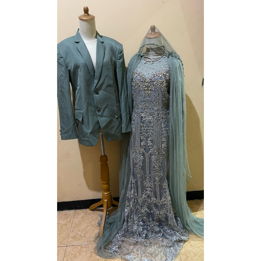 PL set gaun dan jas warna hijau sage