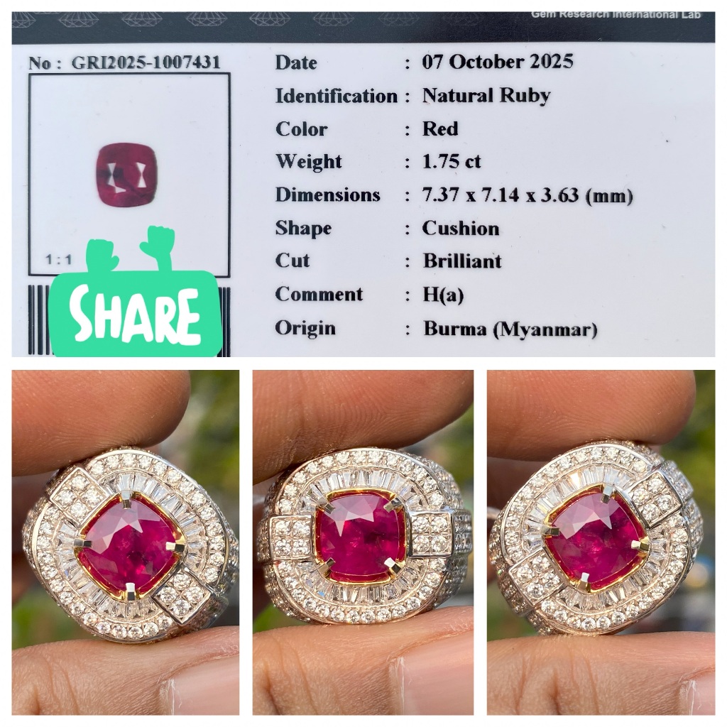 Natural 1.75ct red ruby burma myanmar memo gri