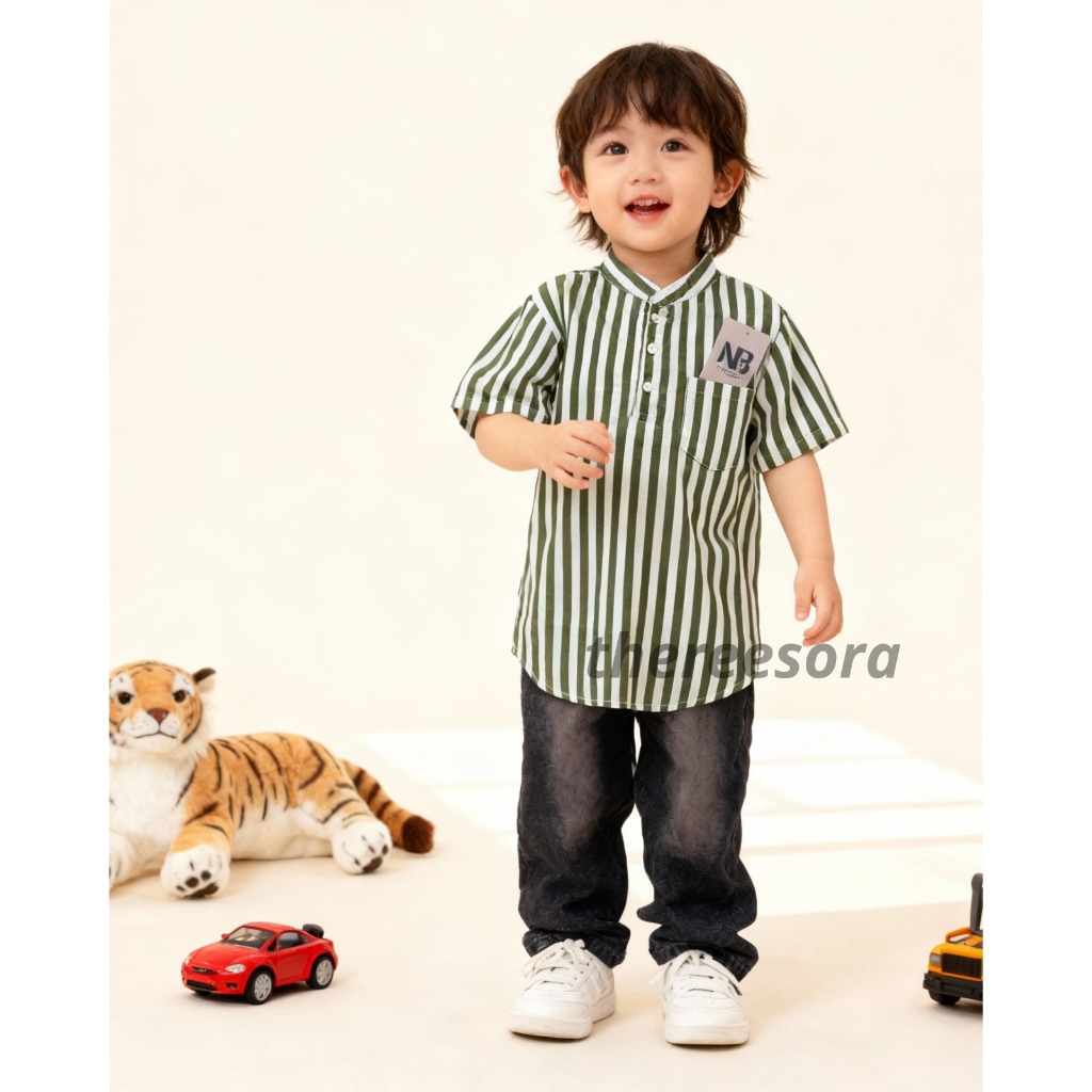 Thereesora set - Baju setelan Koko & Baggy Jeans anak 1- 8 Tahun Warna Biru Hijau Brown