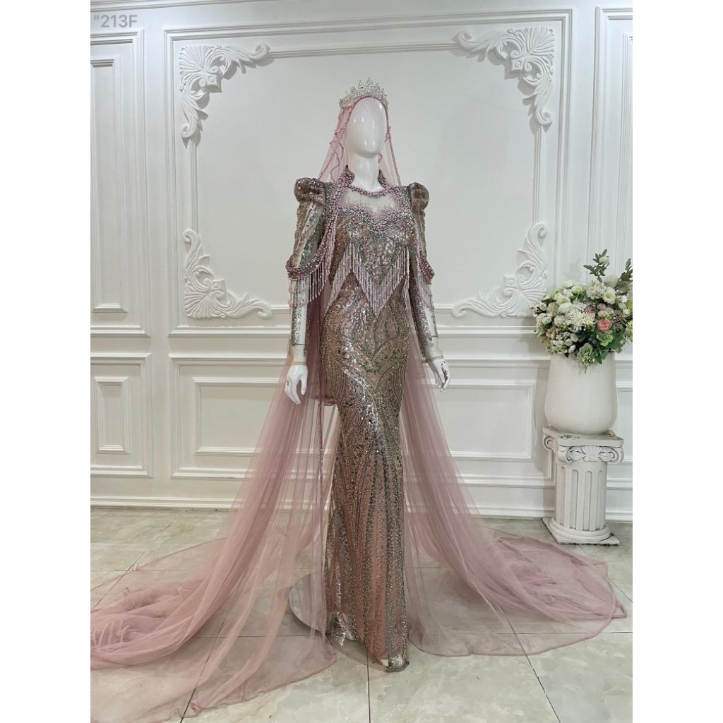 Gaun pengantin rose gold luxury mewah-gaun pengantin murah-gaun pengantin premium