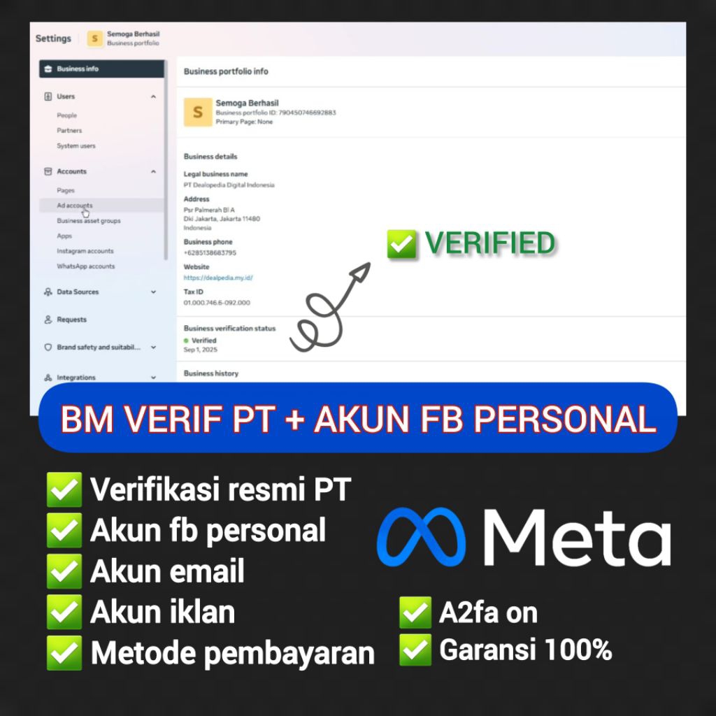 BM (BUSINESS MANAGER) VERIF RESMI PT + AKUN FACEBOOK SIAP IKLAN