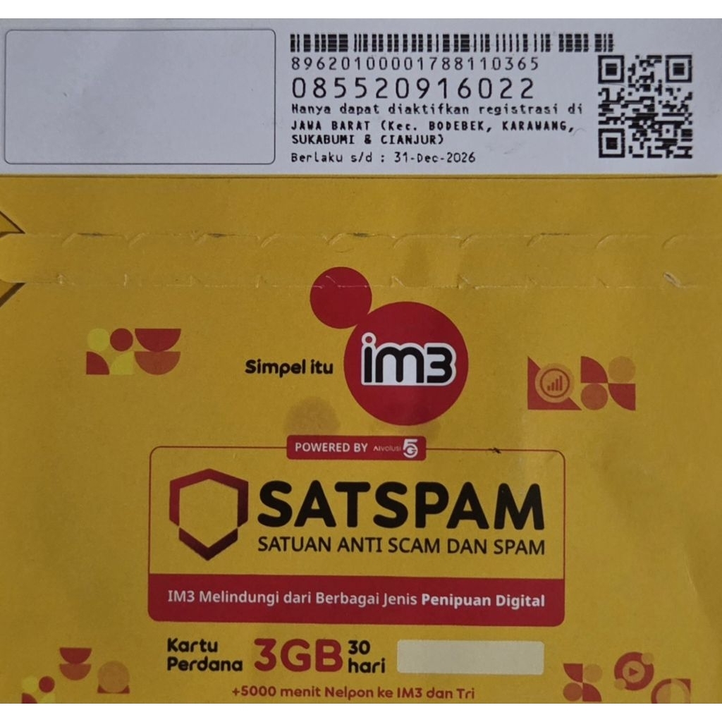 perdana indosat im3 ooredoo no cantik segel bonus kuota 3gb