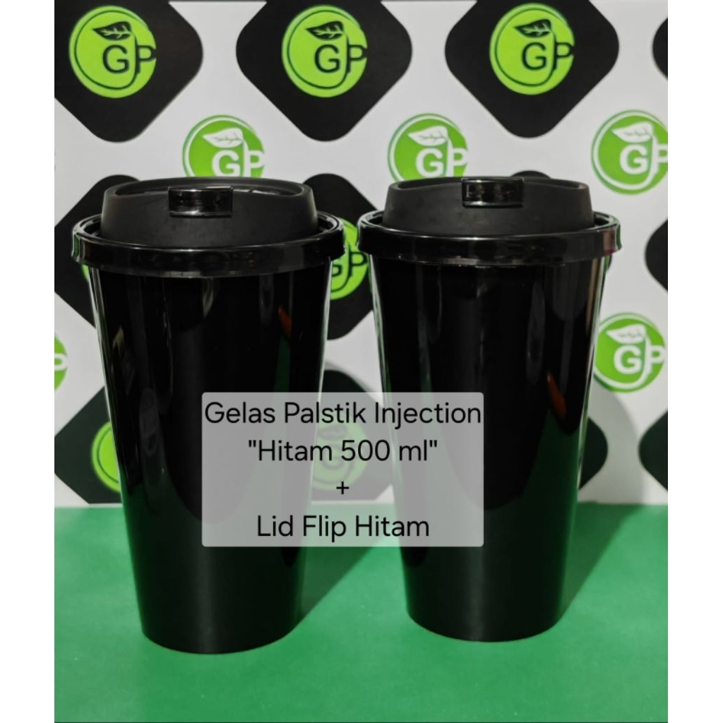 Gelas Plastik Injection Warna Hitam 500 ml + Lid Injection Flip Hitam (Harga Untuk 50 set)