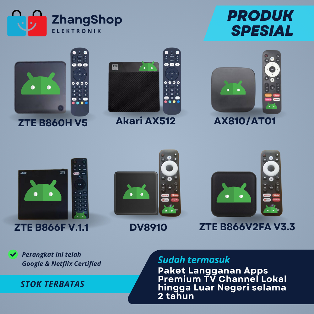 STB Akari AX512 AX810 & ZTE B866F Android TV Box 4K Google & Netflix Certified Siap Pakai