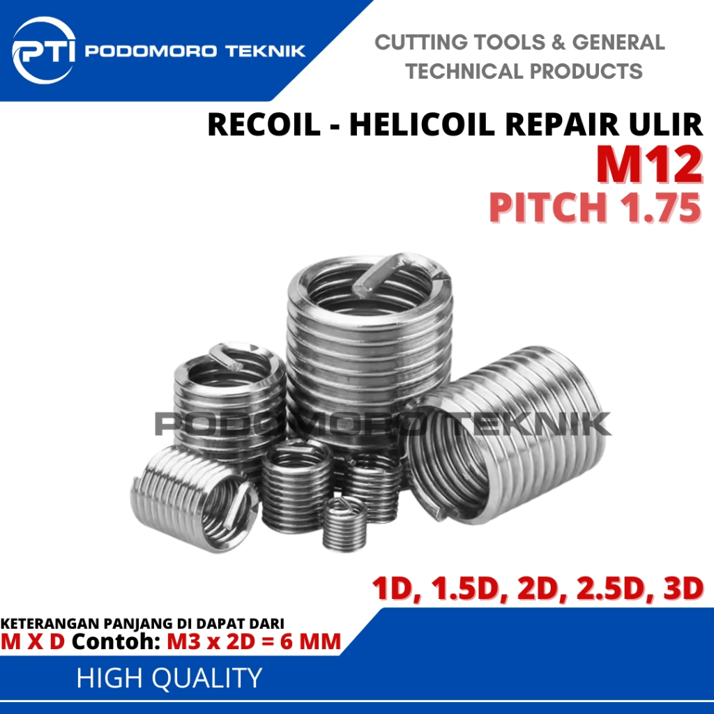 Recoil M12X1.75 Thread Helicoil M12 Drat Baut Repair Stainless Kunci M12 x 1.75