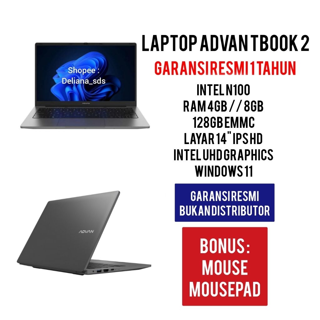 Laptop Advan Tbook 2 Intel N100 8GB/128GB Emmc 4/128GB Emmc 14" IPS HD Garansi Resmi 1 Tahun Laptop 