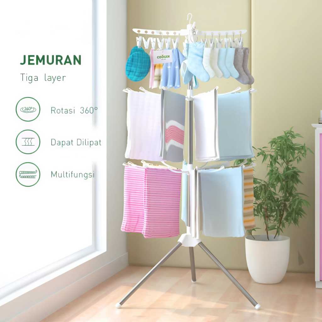 Jemuran Baju Bayi Jemuran Menara 16 Jari-jari 3 Tingkat Gantungan Baju Hanger 24 Jepitan Laris_Unik