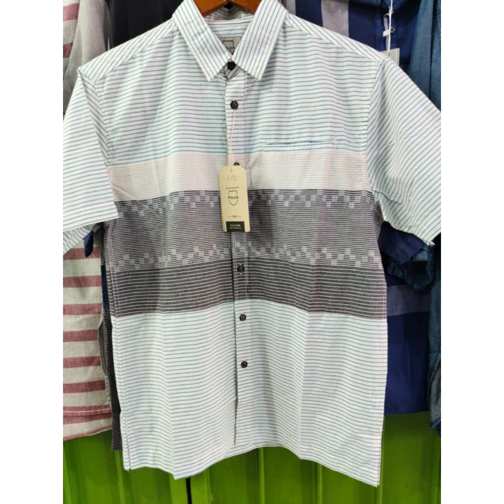 Kemeja motif merek Police - Warna Biru muda, Garis Putih, Biru dan 3 warna abu