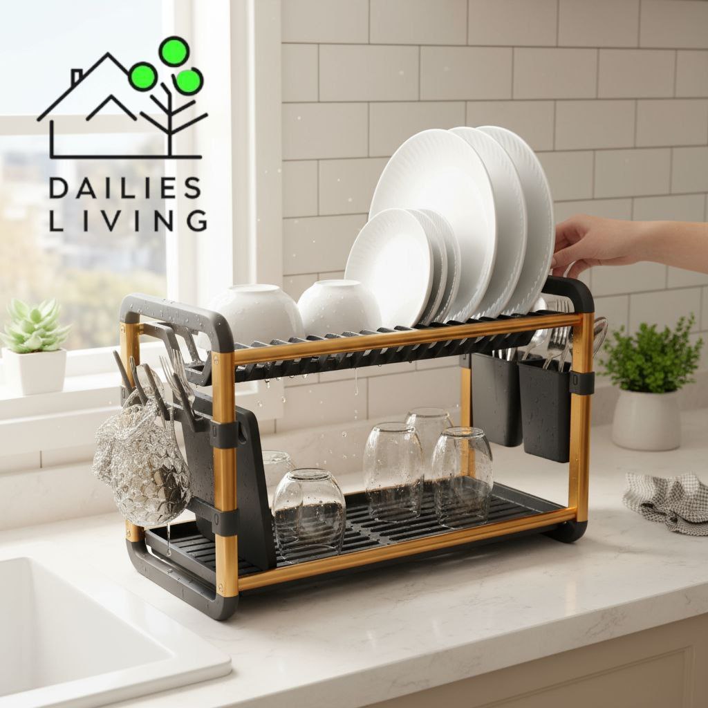 [DAILIES] TERA | Rak Pengering Piring 2 Tingkat Aluminium Gold Hitam | Rak Pengering Peralatan Makan