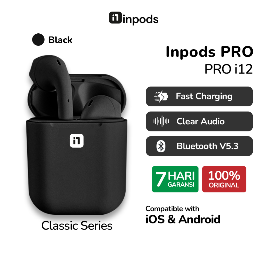 InPods Pro i12 Black Classic Series TWS i12 - Headset Bluetooth TWS iOS & Android
