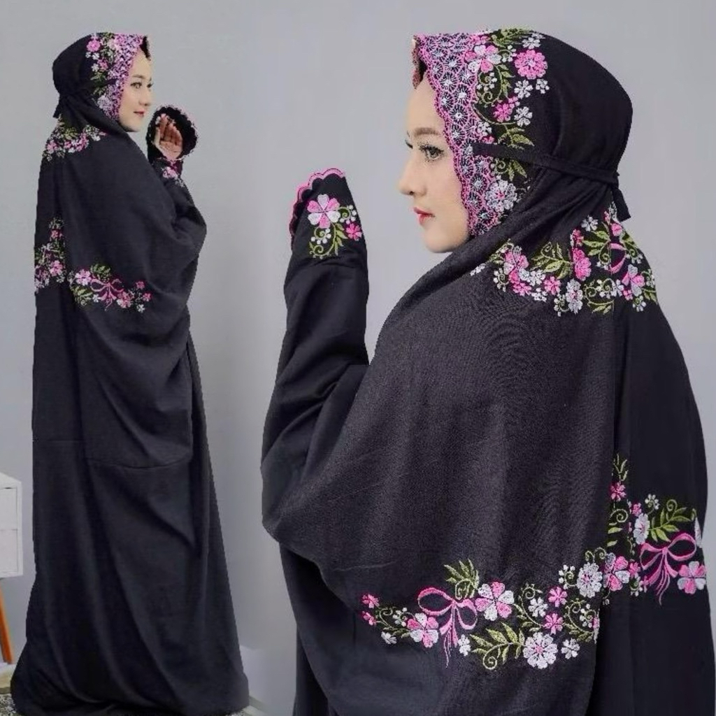 MUKENA PRO MAX DEWASA TERUSAN PANJANG BORDIR MOTIF TABUR BUNGA BAHAN KAIN HITAM KATUN POLINO MIKRO P