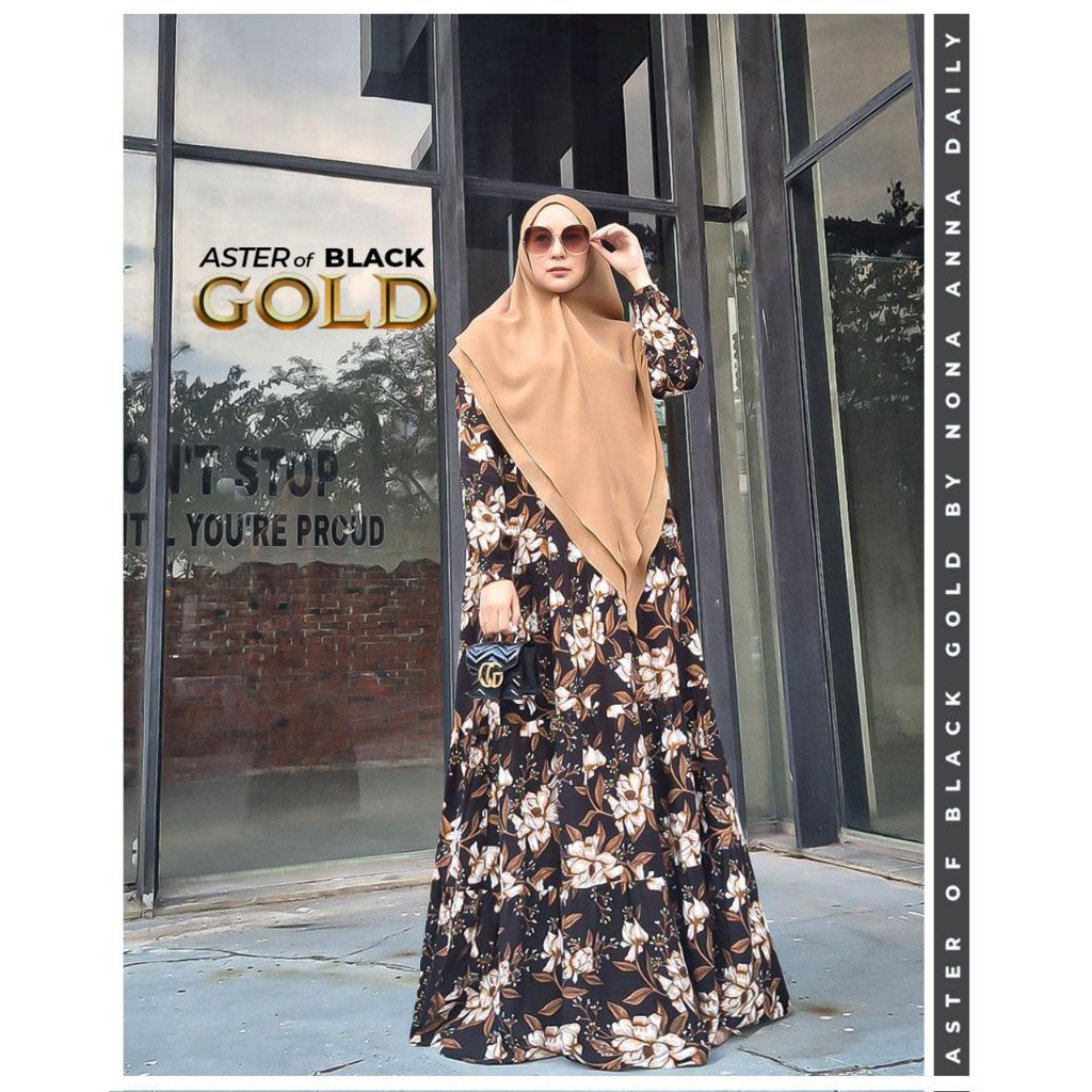GAMIS ASTER BLACK GOLD BY NONA ANNA DAILY (GAMIS SAJA) // GAMIS SYARI RAYON MOTIF BUNGA