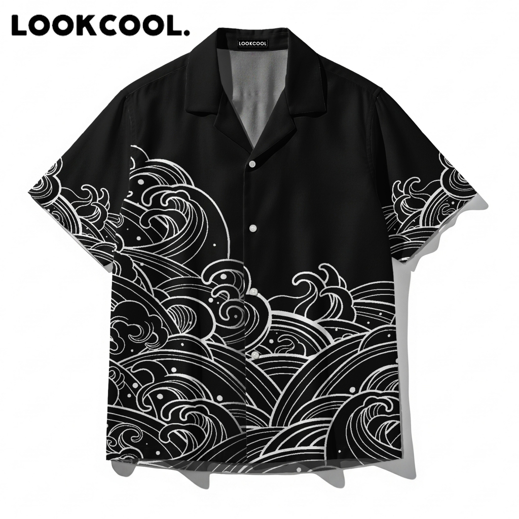LOOKCOOL Kemeja Pria Motif Ombak Jepang Baju Casual Pendek Premium