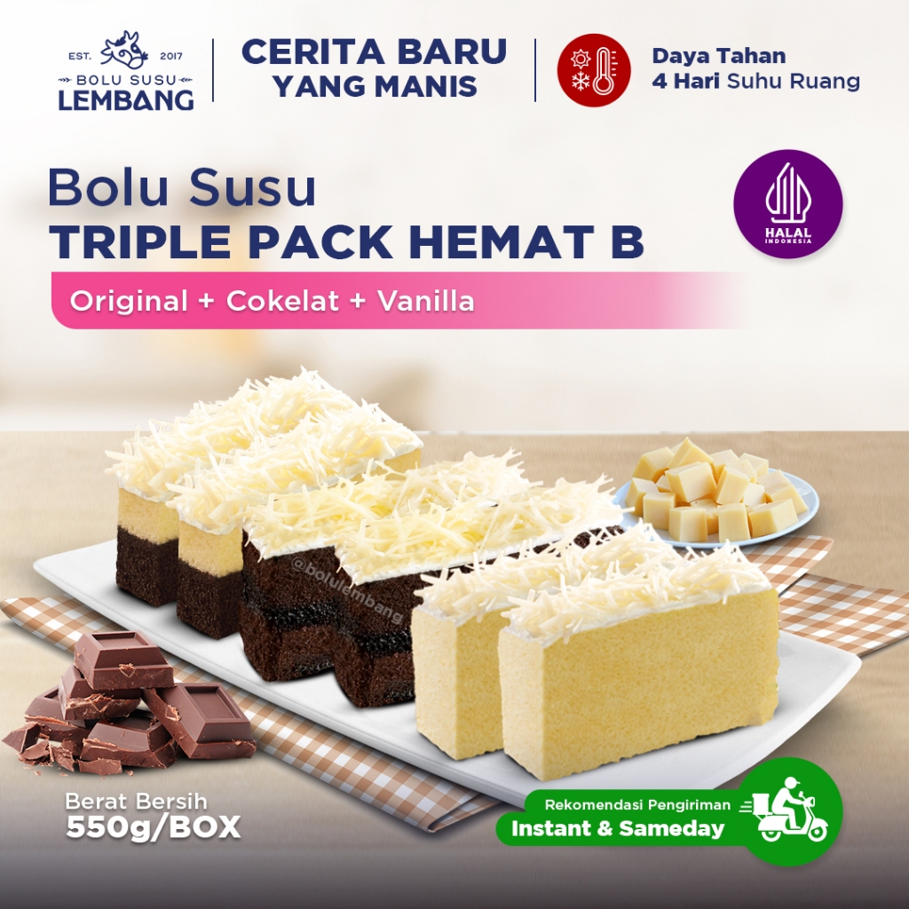 Bolu Susu Lembang - Triple Pack B (Reguler - Original + Cokelat + Vanilla) Oleh-oleh Khas Bandung
