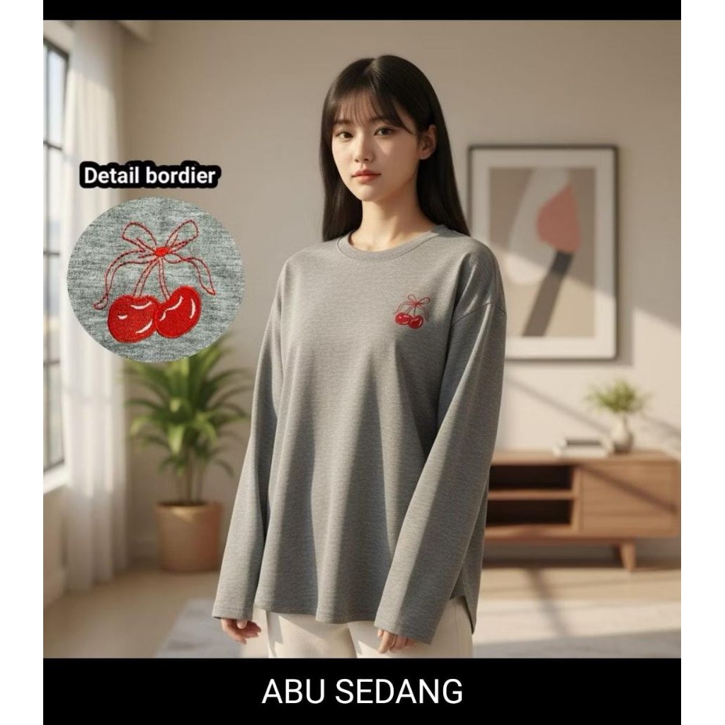 Kaos wanita Motif Cherri bordir lengan panjang