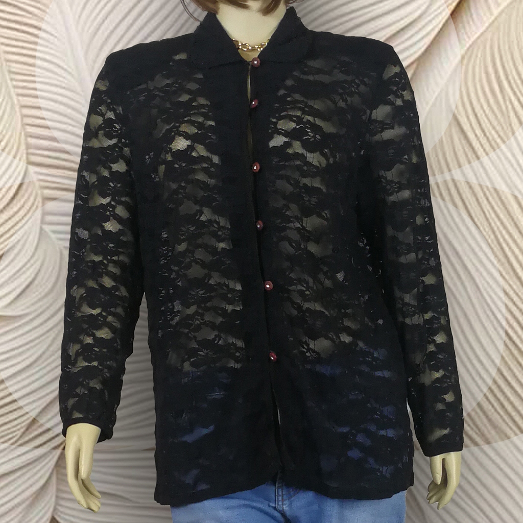 CORDIA Black Outer Brokat Lembut Transparant Full Kancing Depan OTR18 (tanpa celana) Atasan Hitam Ba