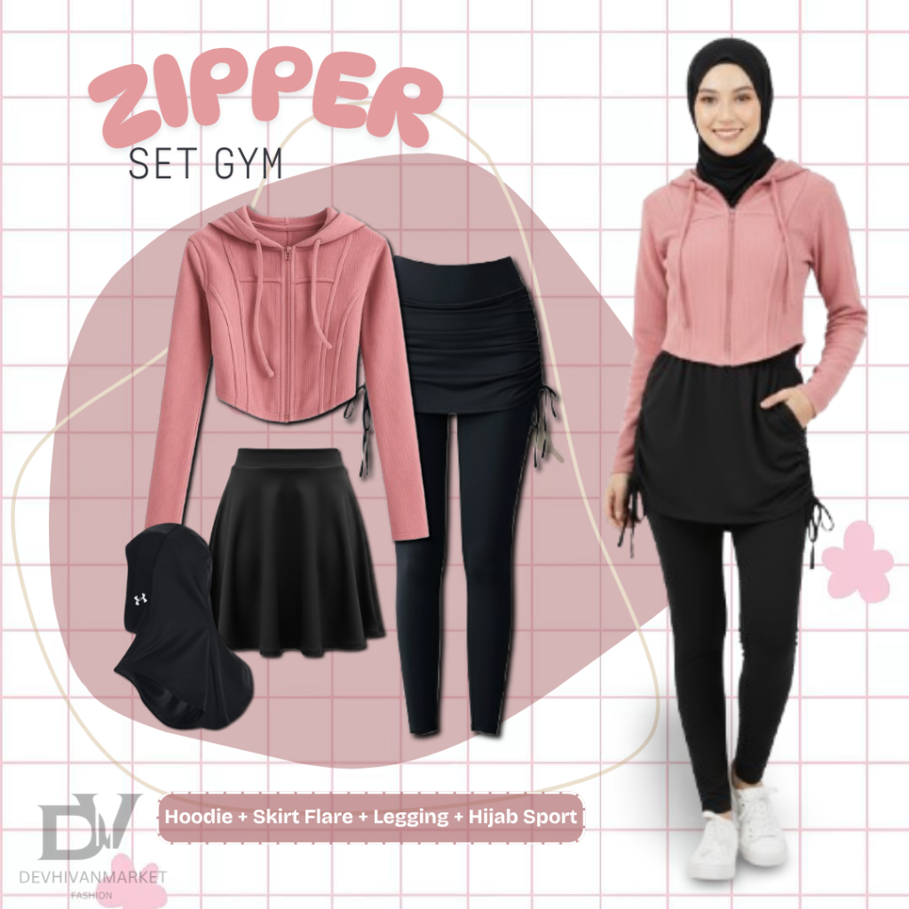 Setelan Olahraga Wanita Muslimah Hoodie Zipper Rok Flare Legging Hijab Sport
