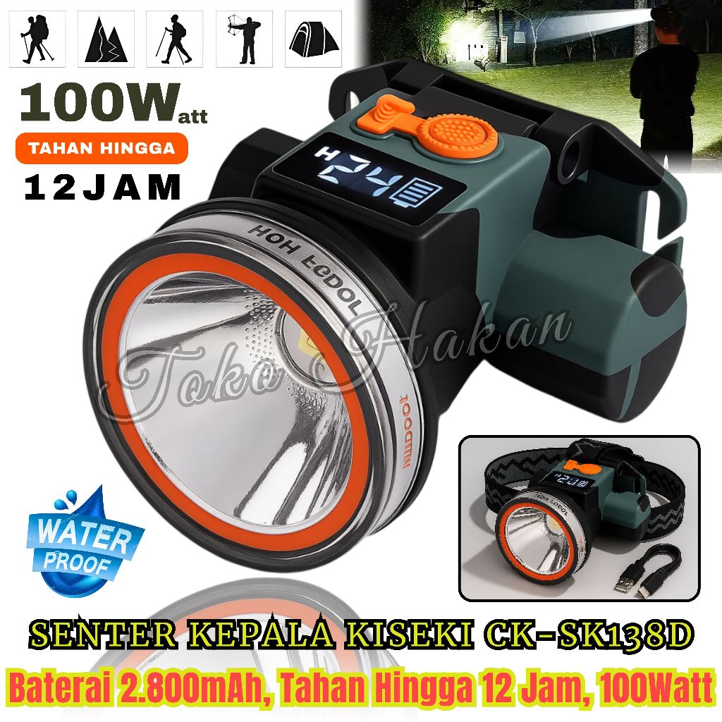 Terlaris ~Senter Kepala Anti Air Kiseki Ck-Sk138D - Senter Kepala Mini 100 Watt LED Super Terang Wat