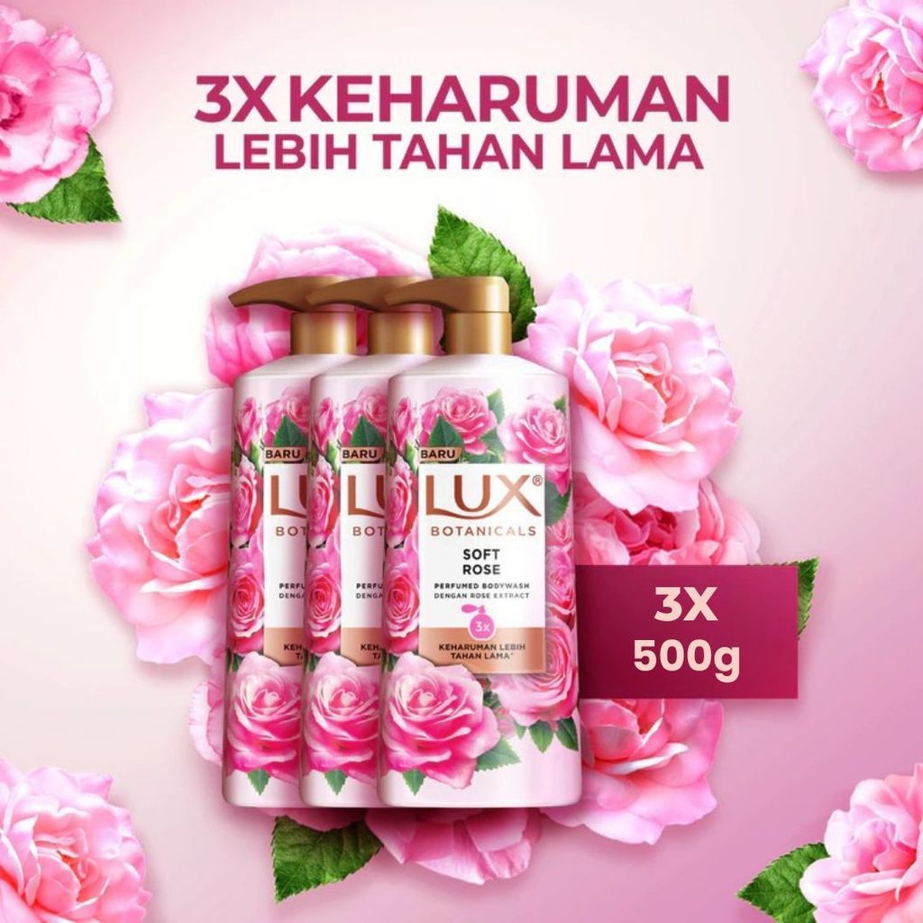 Lux Botanicals Body Wash Sabun Mandi Cair Soft Rose Pump 500g X3