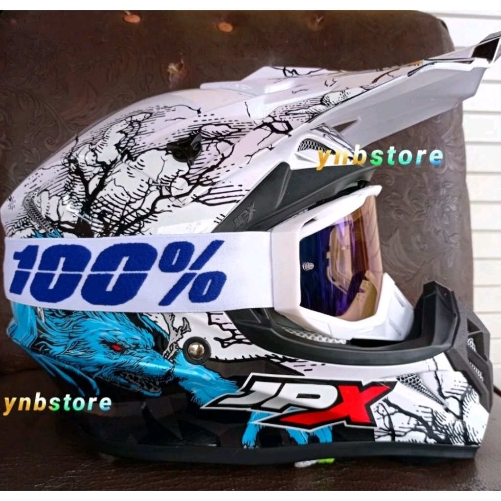 Helm JPX Cross X14 Wolf Serigala White Putih + Kacamata Goggle Google 100% Ongkir 2kg Murah