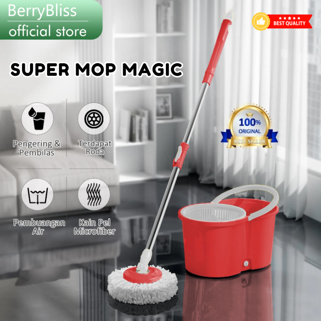 BerryBliss - Alat Pel Super Mop Magic 360° Pel Lantai Putar Otomatis dengan Ember Peras dan Microfib