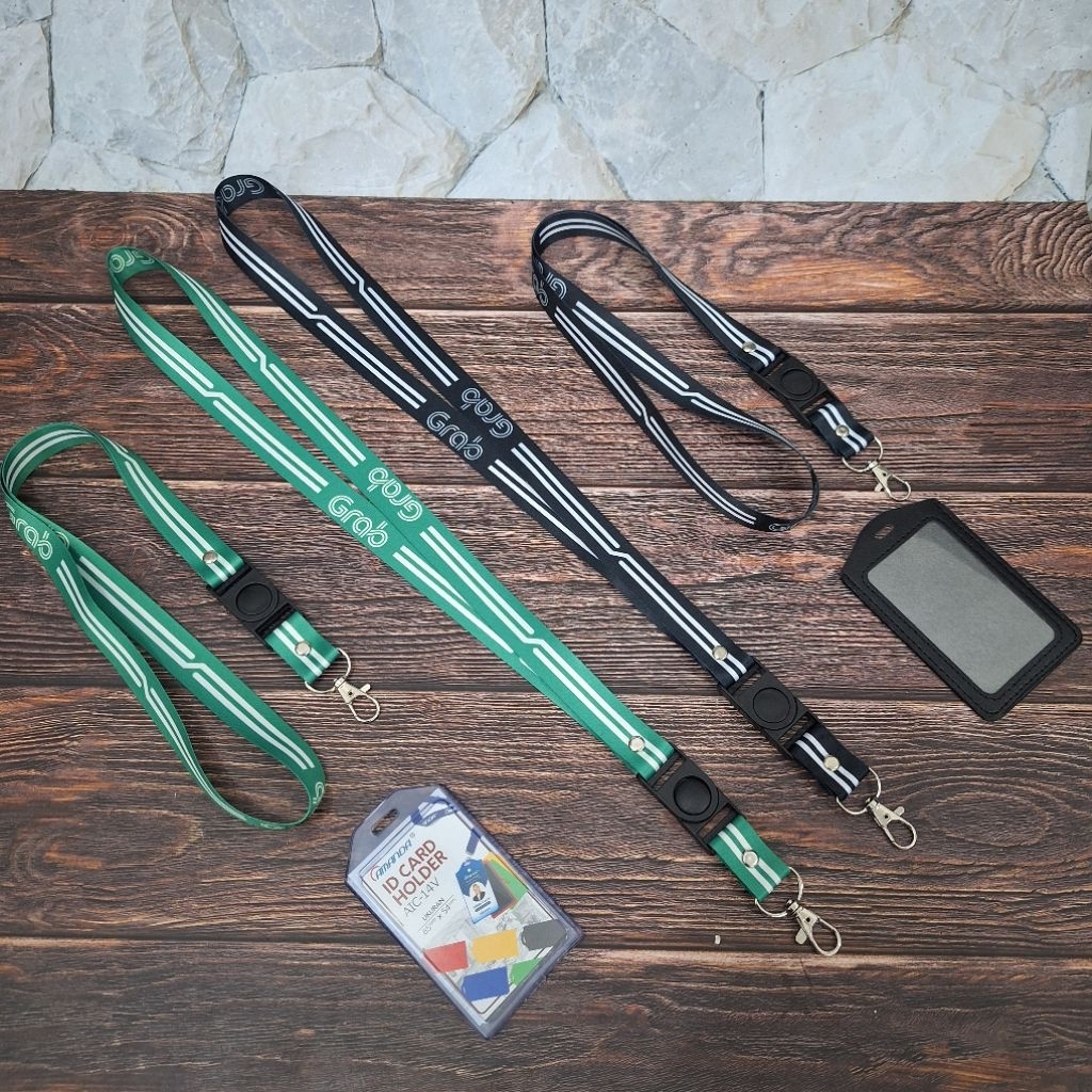 TALI ID CARD LANYARD GRAB (2 variasi warna Hijau dan Hitam) + CASE/HOLDER  | SATUAN READY STOK