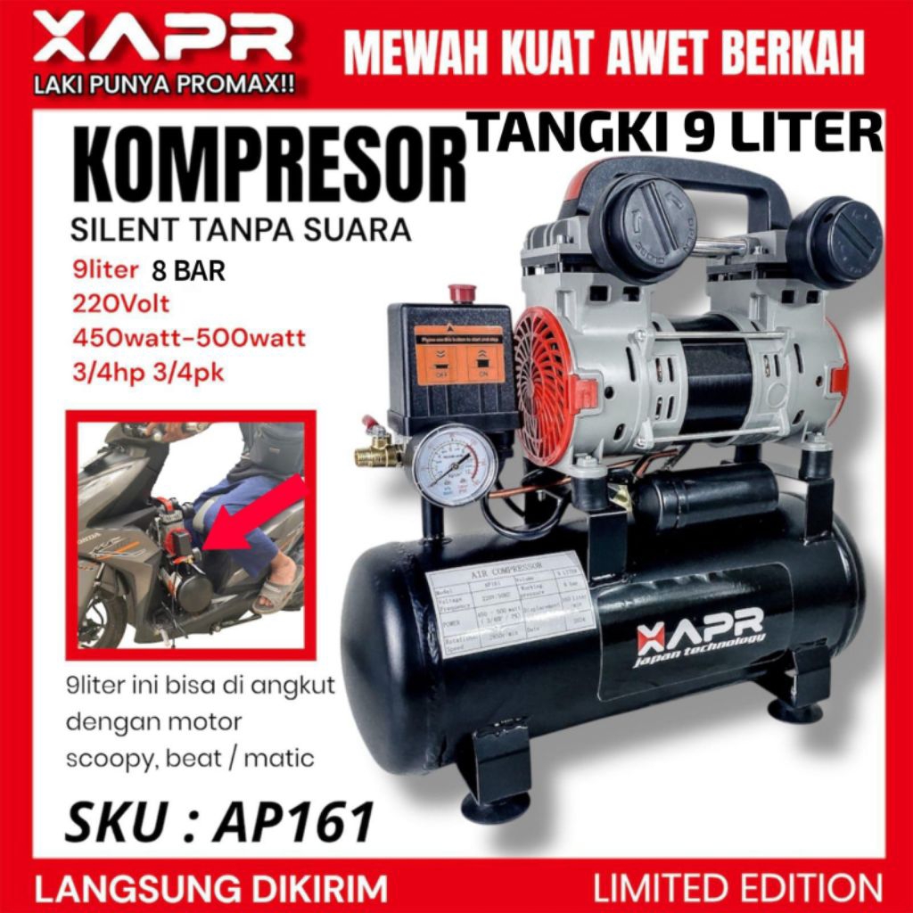 XAPR AP161 Raja Kompresor 9 liter APR AP161 silent 3/4 HP pk 500watt 8bar kompressor GARANSI RESMI