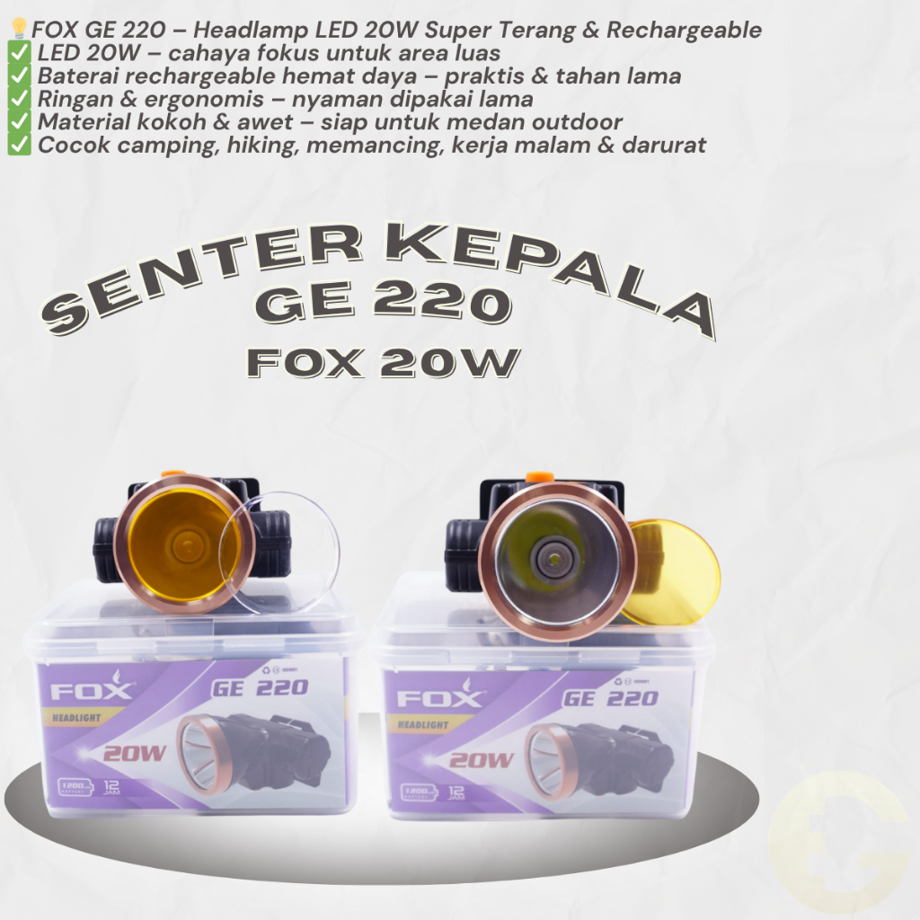 Senter Kepala LED FOX GE-220 – Headlamp Cas Rechargeable 20W Super Terang, Ringan, Outdoor & Darurat