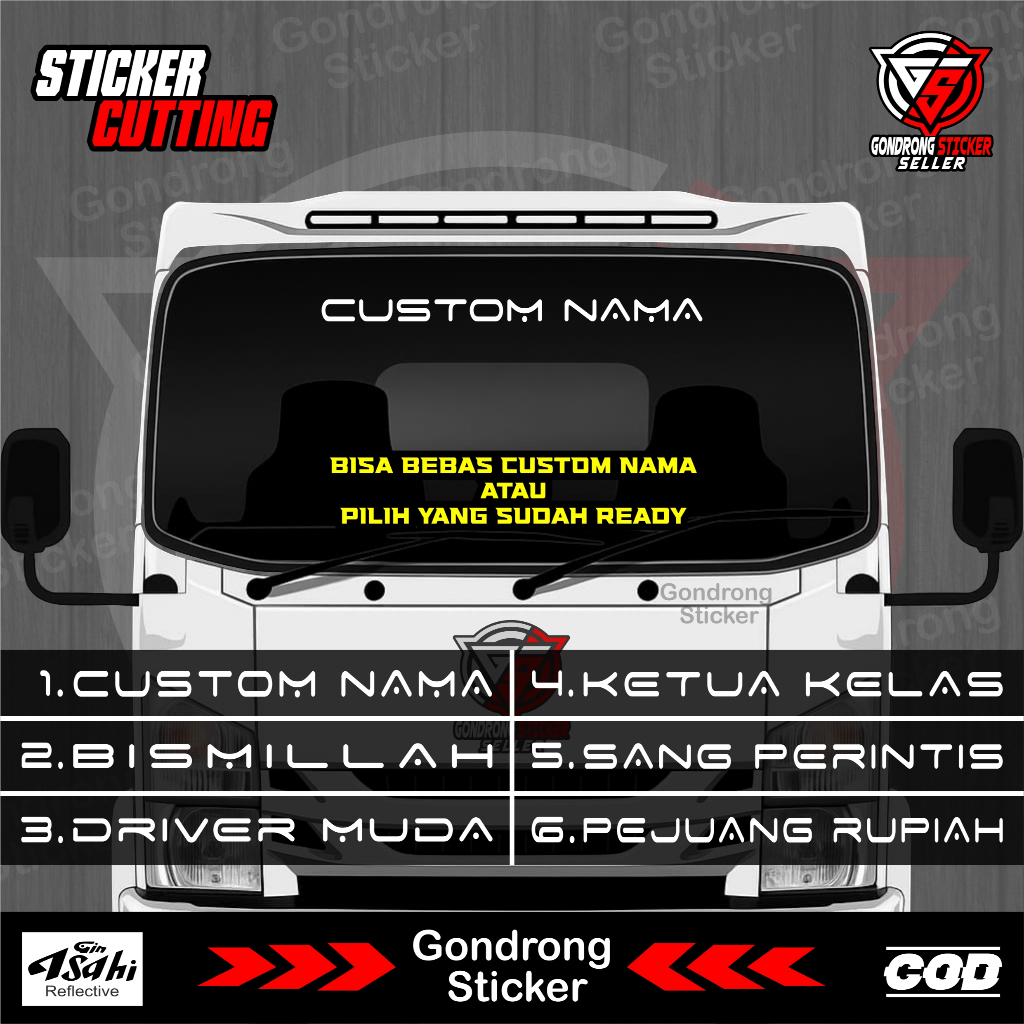 Stiker Tulisan Kaca Depan Mobil Truck, Pick-up, Fuso - Sticker Cutting Bisa Custom Tulisan (Nama)