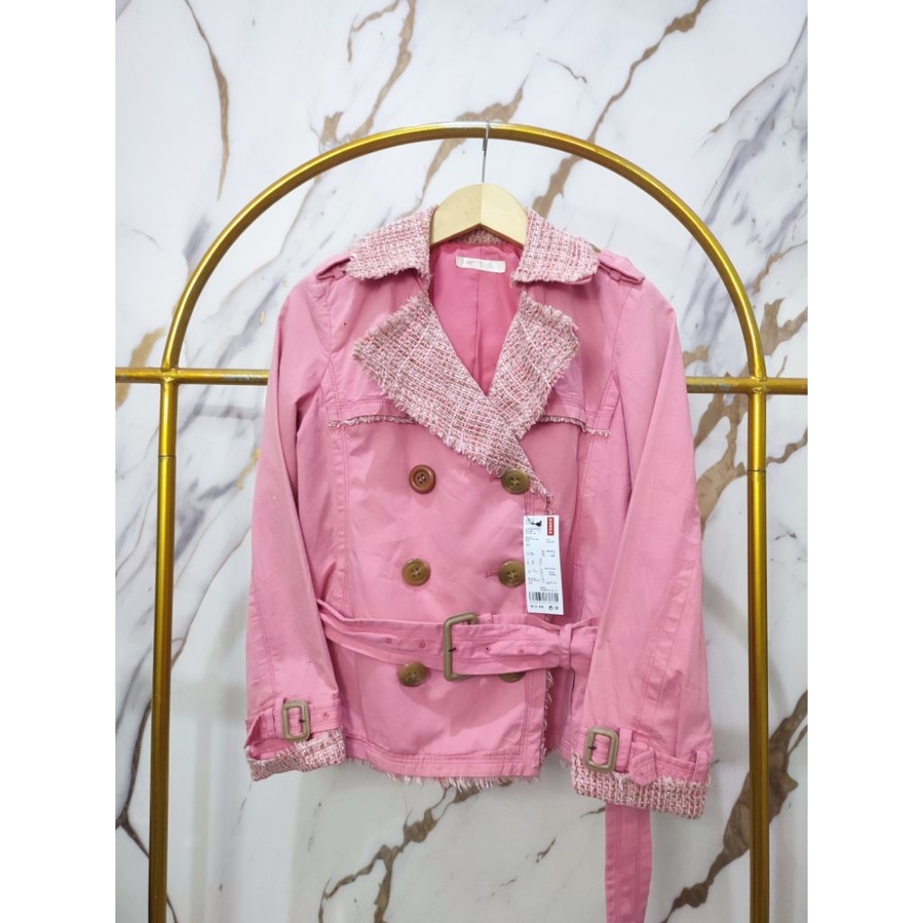 it michaa Coat katun Kombinasi Tweed Pink Size S LD90 belt set komplit