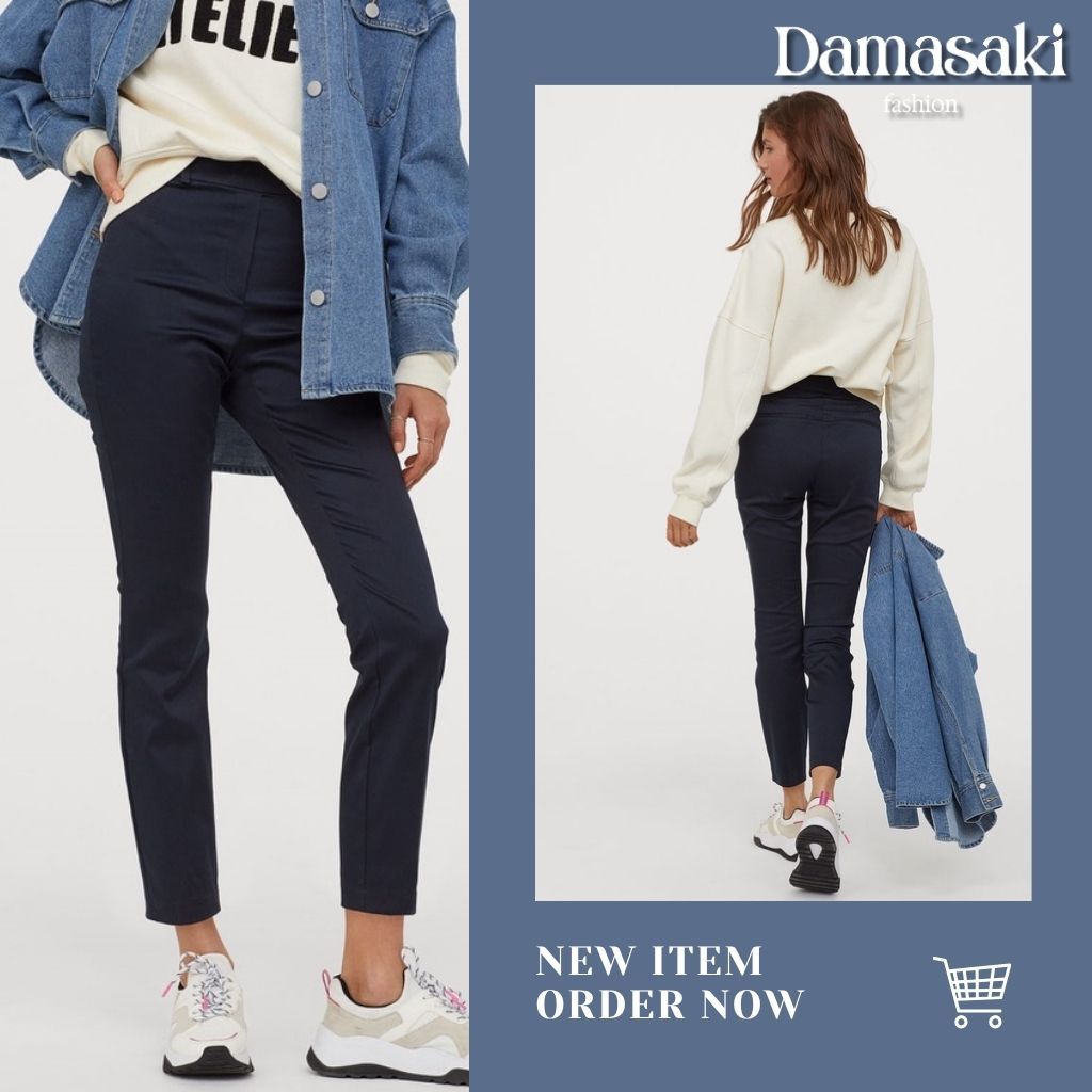 Damasaki Celana Wanita Super Stretch Ankle-Length Pinggang Karet Navy Khaki Green Trousers Slacks