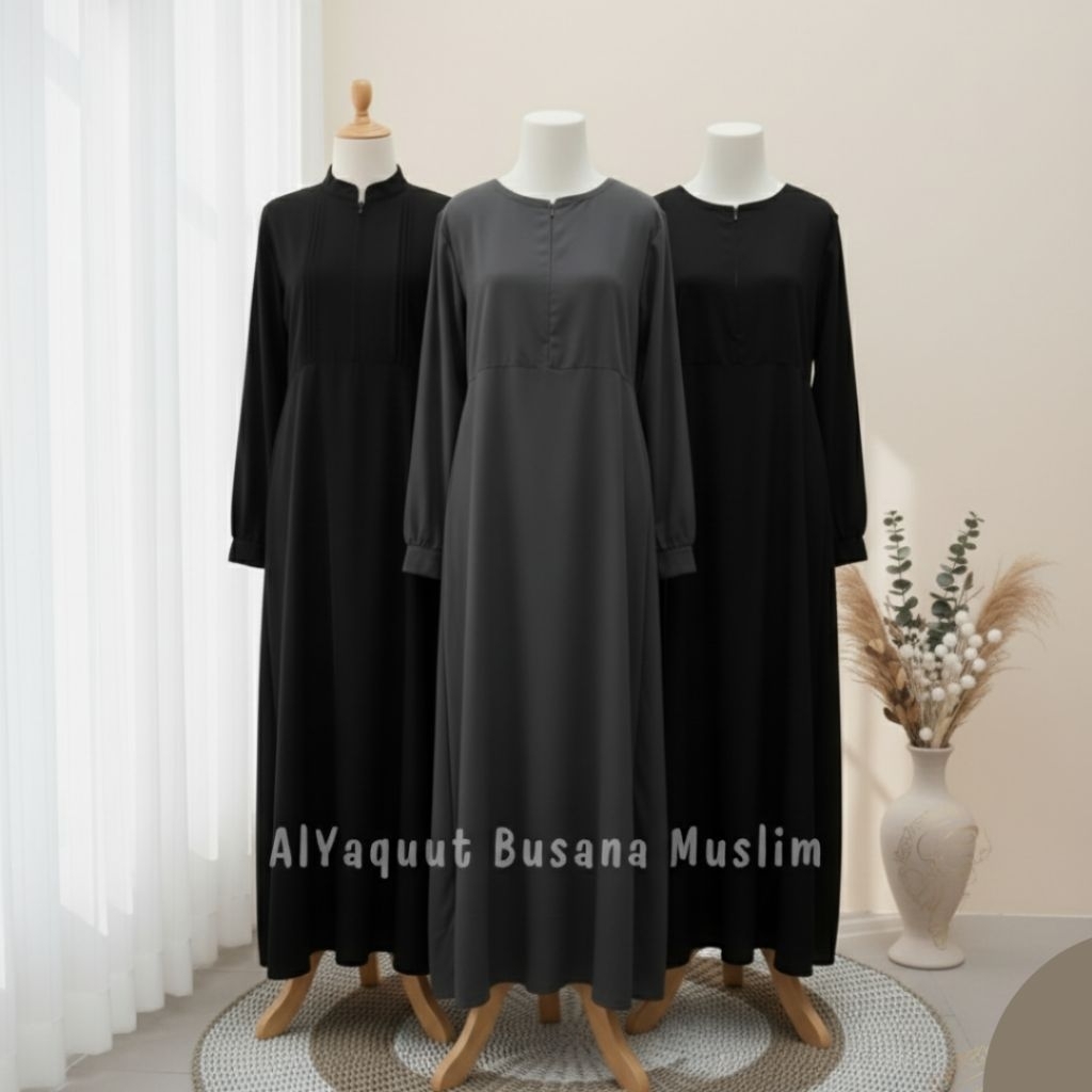 Gamis Hitam Polos Elegan Wanita Muslimah | Jubah Syari Lengan Panjang Resleting Busui Friendly | Jub