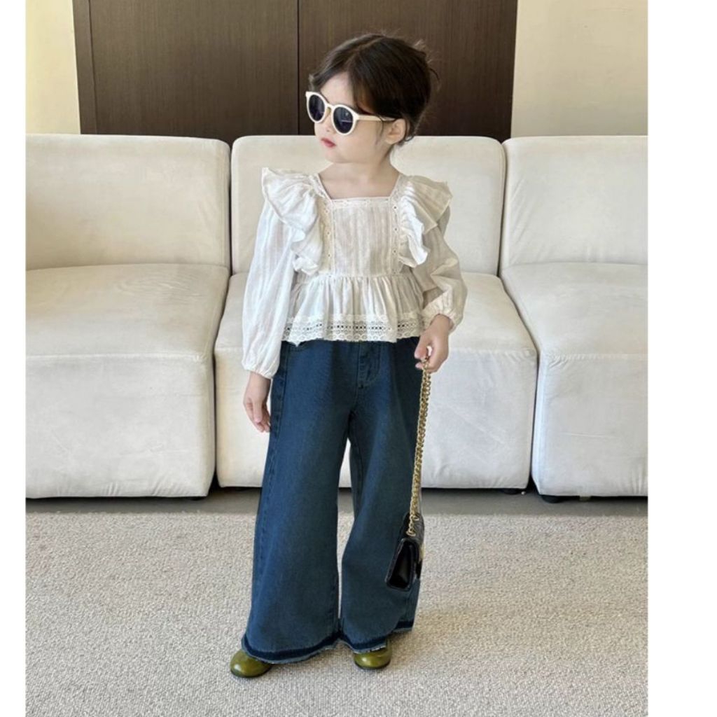 SSP6-setelan set anak Baju blouse Katun Brukat Premium Celana jeans Panjang Fashion Korea