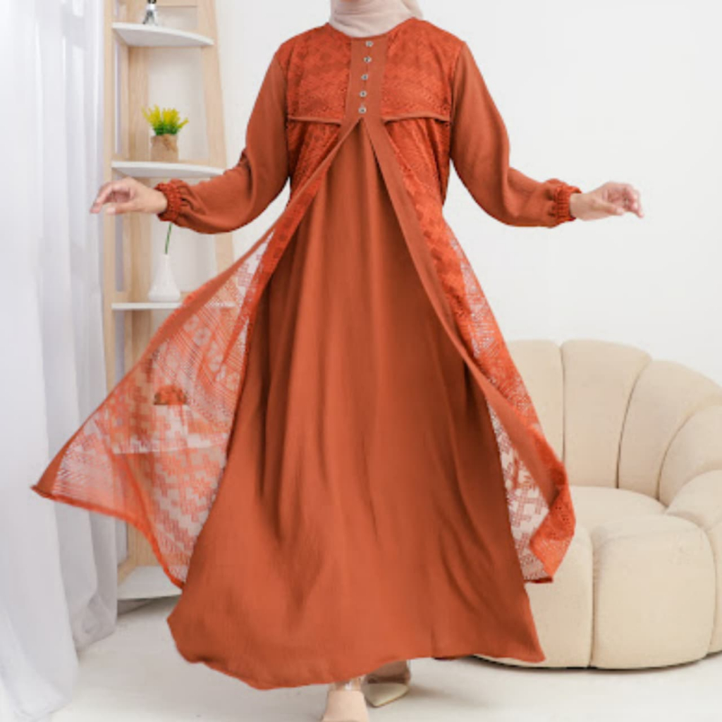 Gamis Dress Mixx Brukat Polos Lengan Panjang Jumbo By AZKA Collection