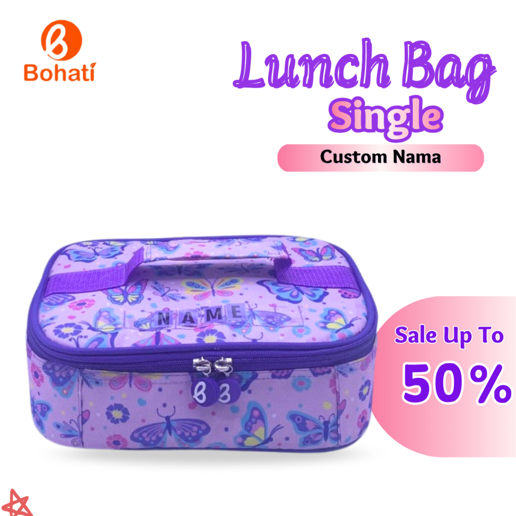 New Produk Tas Bekal Costum Nama I Bohati ( single ) Lunch Bag Buterfly purple Kotak Makan