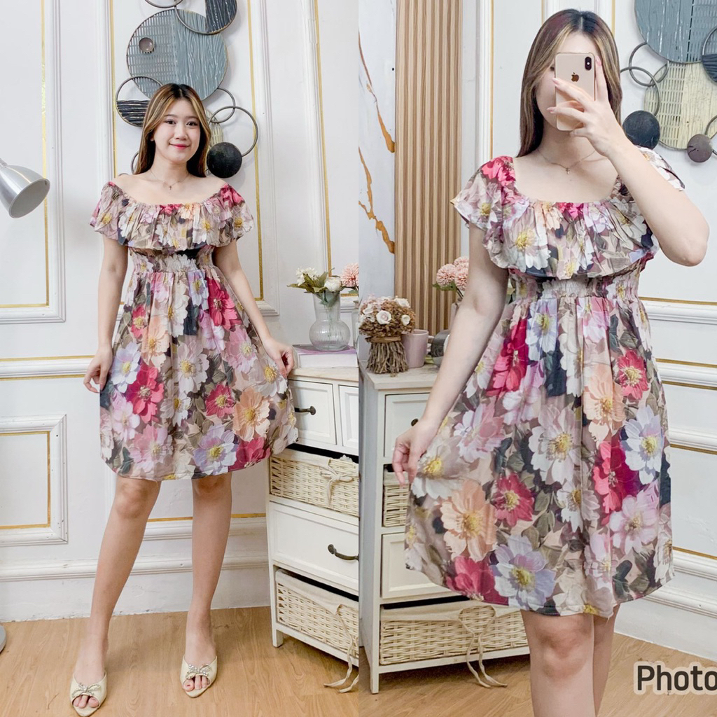 Daster Viral Putri Bali NORA Pendek Kerut Model Sabrina - Dress Bali Sexy Viral Rayon Adem Motif