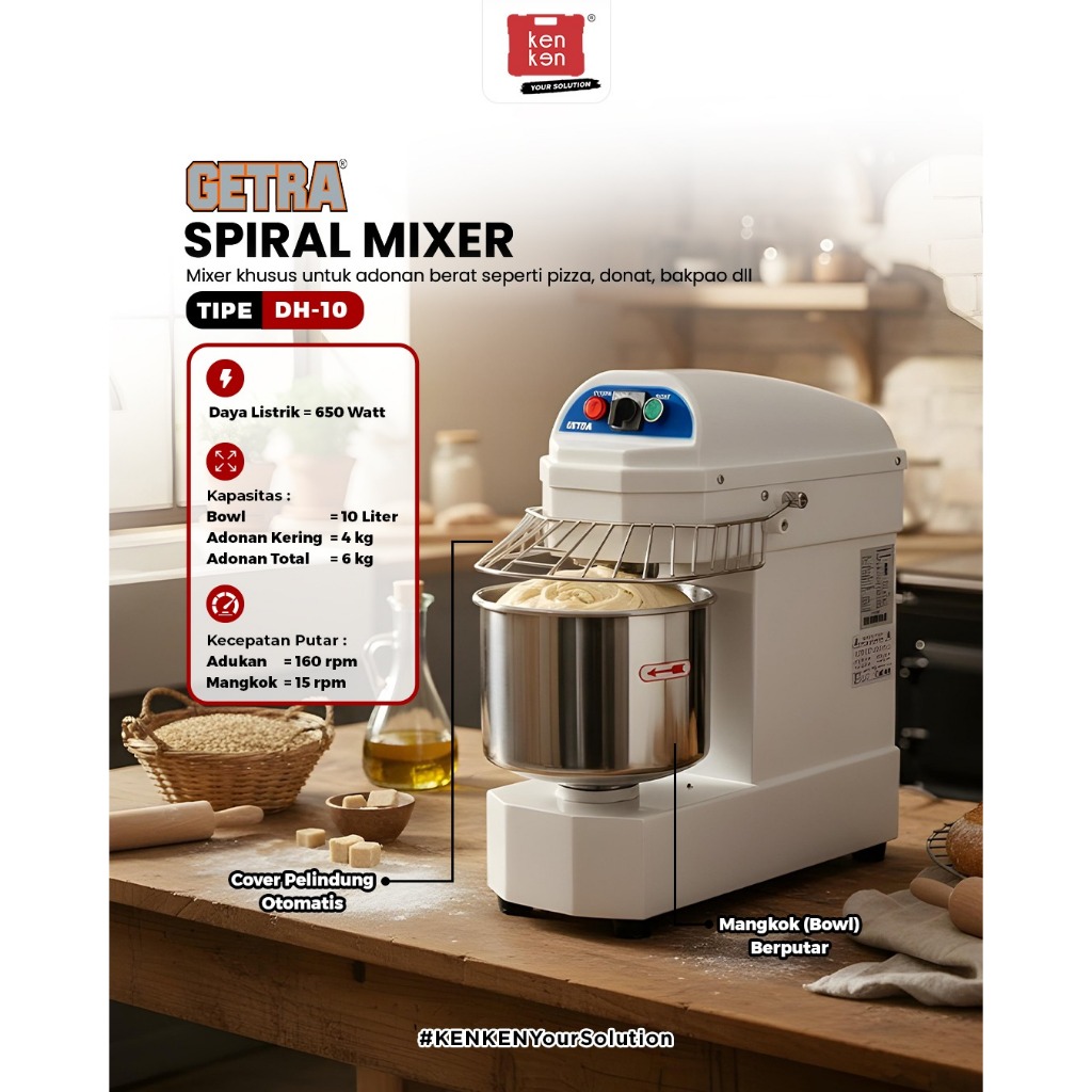 GETRA Spiral Mixer Spiral 10 Liter 10Lt Mixer Spiral Adonan Berat DH-10 DH10 GETRA
