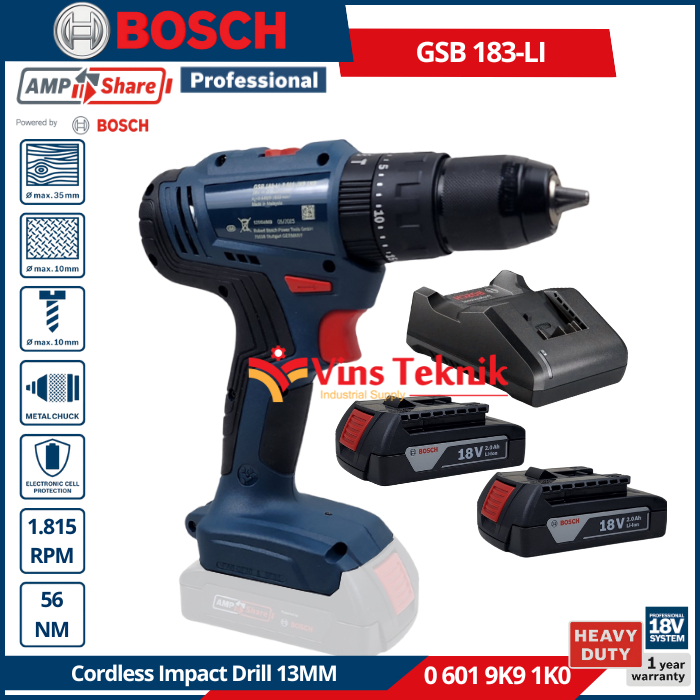 BOSCH GSB183-LI Cordless Impact Drill Mesin Bor Baterai 18V 13MM GSB 183 LI