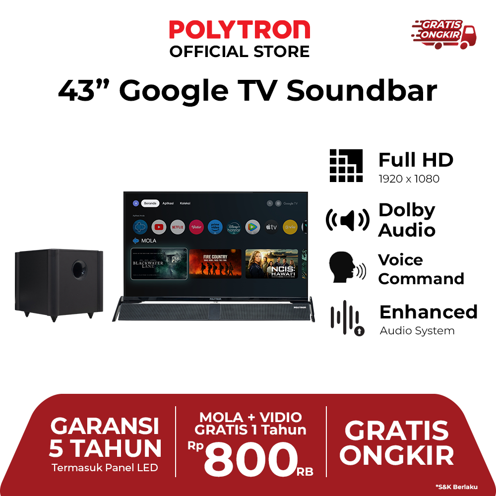 POLYTRON Smart Cinemax Google TV 43 Inch - PLD 43BG9058 & SWF0251 | SMART TV WITH SUBWOOFER SPEAKER 