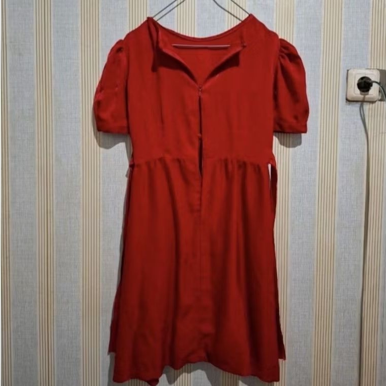 NET* MIDI DRESS WANITA MERAH LENGAN PENDEK