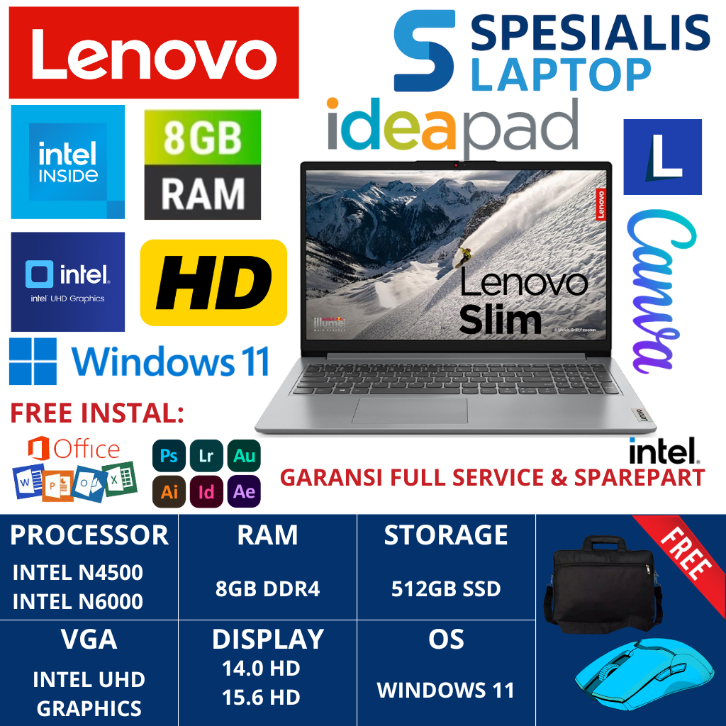 LAPTOP MURAH BARU LENOVO IDEAPAD SLIM 3i INTEL CORE N6000 RAM 8GB SSD 512GB FHD WINDOWS 11 ORI