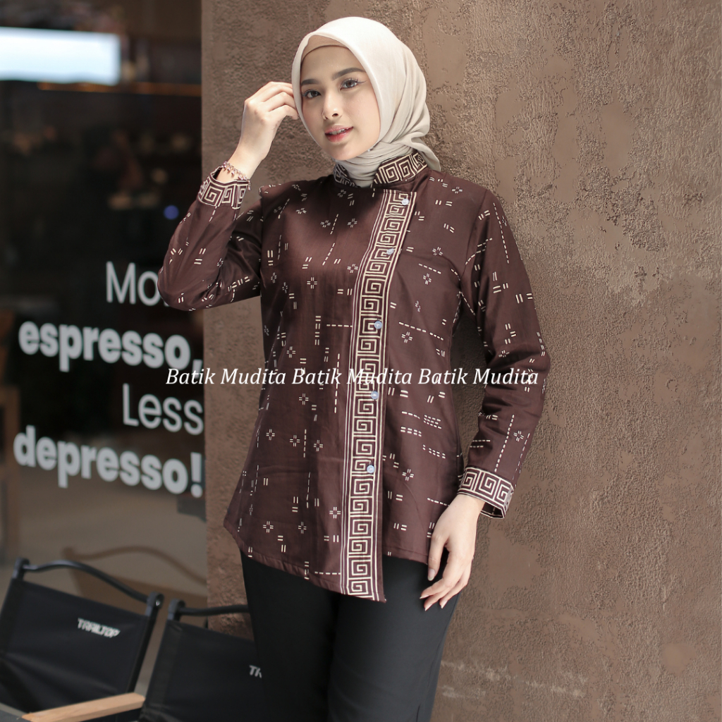 Batik Mudita Motif Padma Batik Wanita Modern Lengan Panjang Lapis Trikot Premium Warna Coklat Mahoga