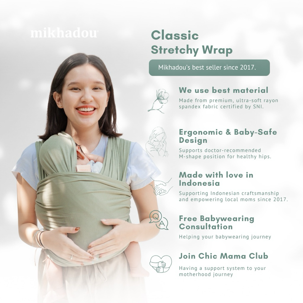 Mikhadou Stretchy Wrap - Gendongan Bayi M Shape Olive - Baby Carrier