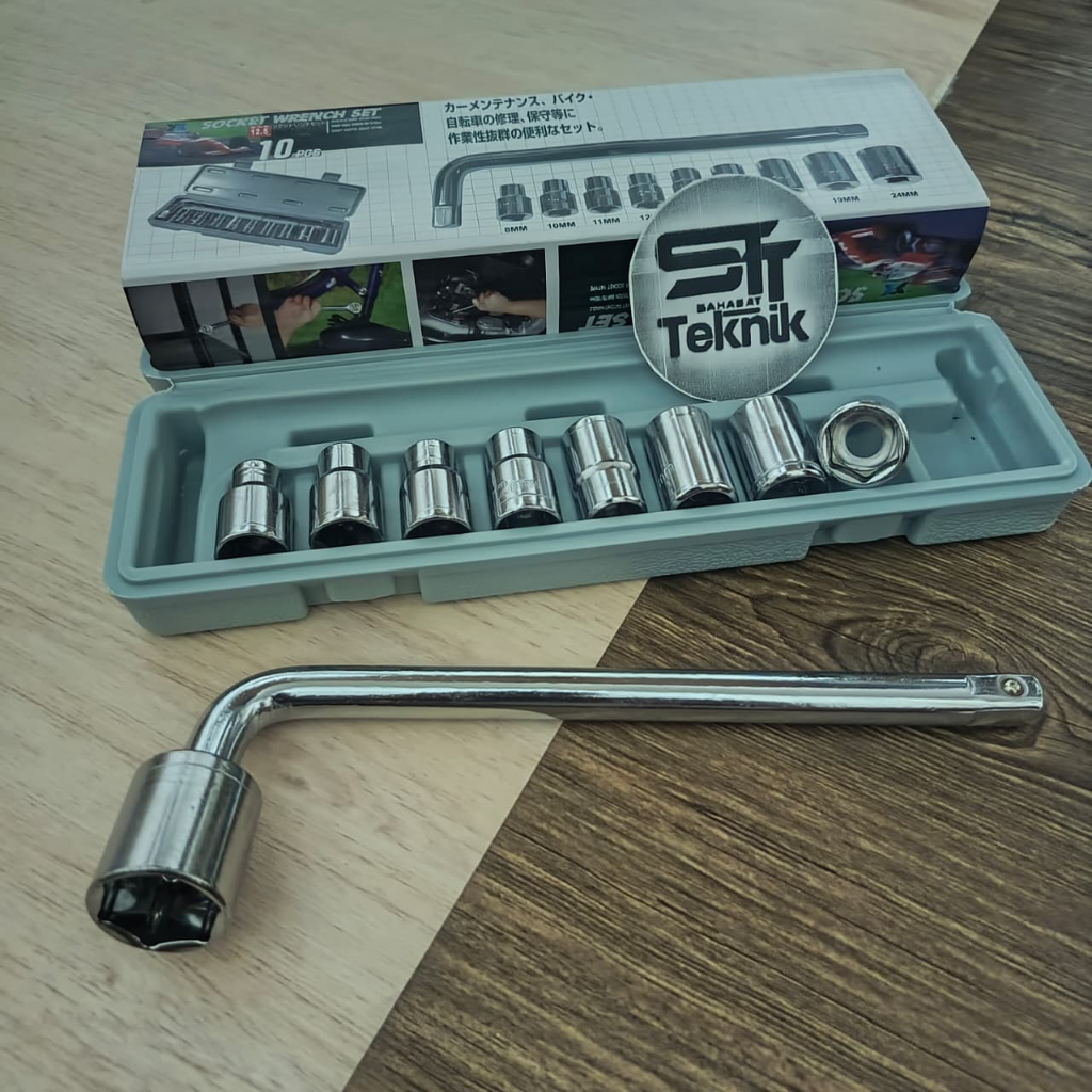 Kunci Sok Set 10 Pcs 8-24mm Dilengkapi Box dan gagang shock
